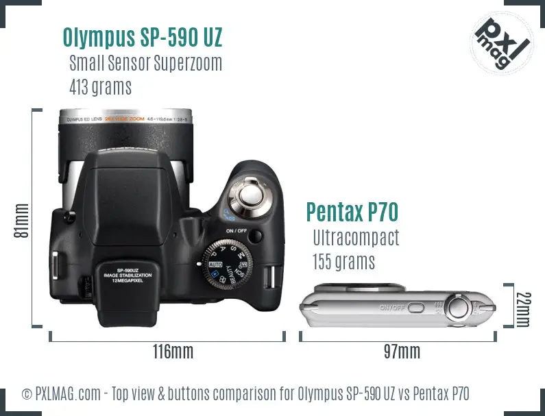 Olympus SP-590 UZ vs Pentax P70 top view buttons comparison