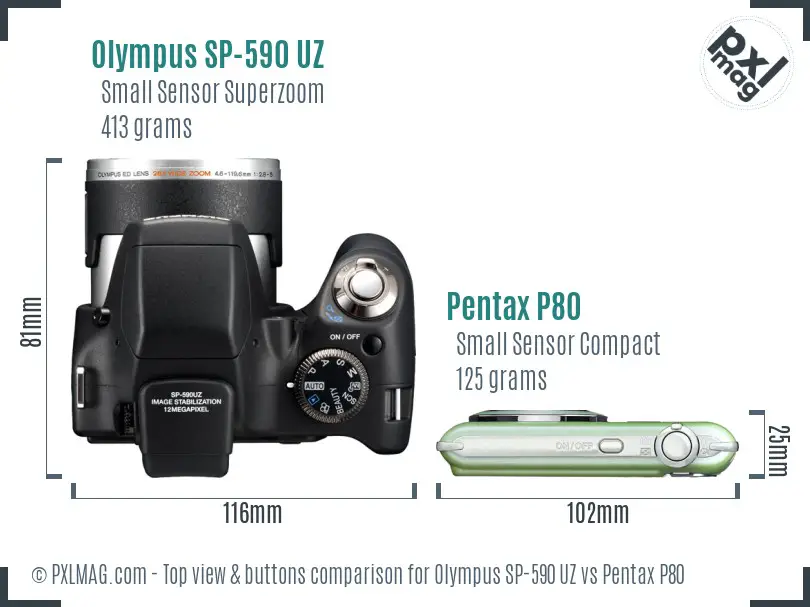 Olympus SP-590 UZ vs Pentax P80 top view buttons comparison