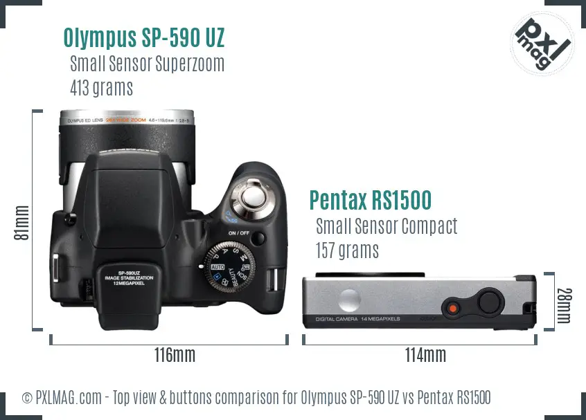 Olympus SP-590 UZ vs Pentax RS1500 top view buttons comparison