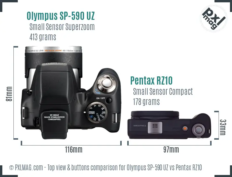 Olympus SP-590 UZ vs Pentax RZ10 top view buttons comparison