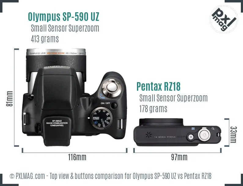 Olympus SP-590 UZ vs Pentax RZ18 top view buttons comparison
