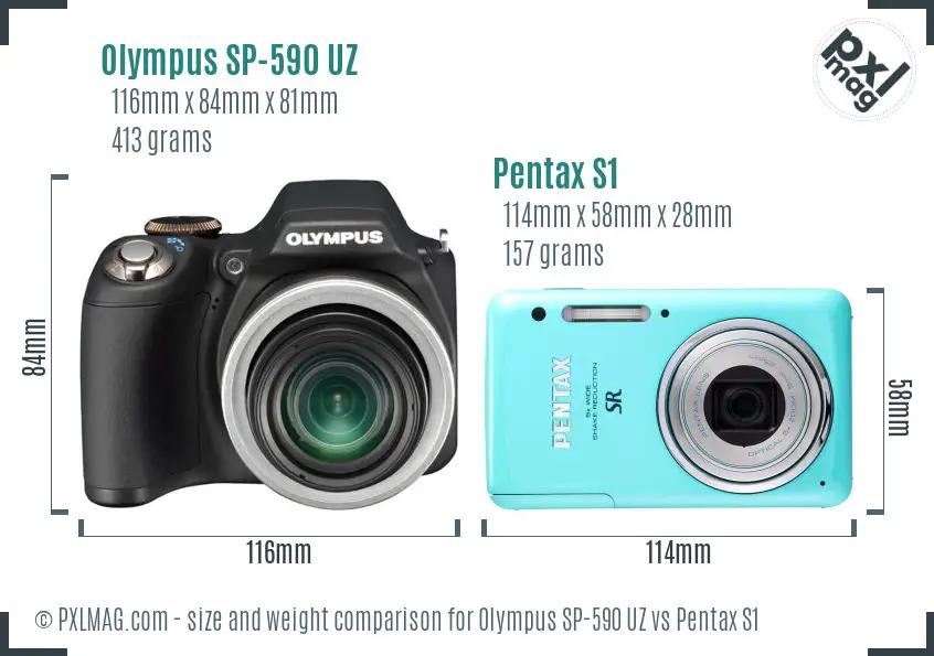 Olympus SP-590 UZ vs Pentax S1 size comparison