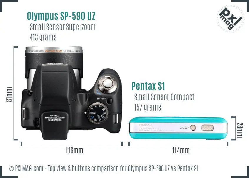 Olympus SP-590 UZ vs Pentax S1 top view buttons comparison