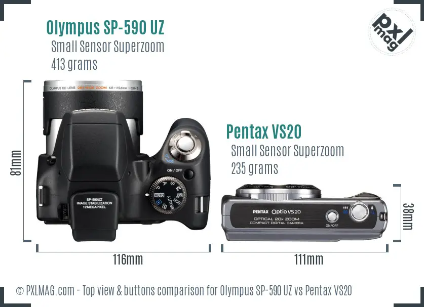 Olympus SP-590 UZ vs Pentax VS20 top view buttons comparison