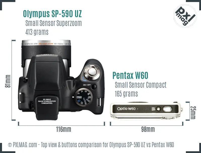 Olympus SP-590 UZ vs Pentax W60 top view buttons comparison