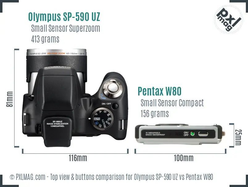 Olympus SP-590 UZ vs Pentax W80 top view buttons comparison