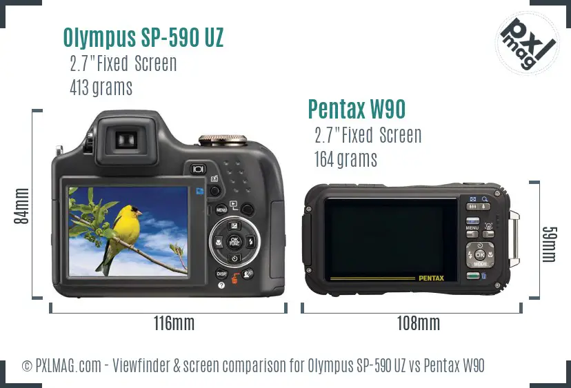 Olympus SP-590 UZ vs Pentax W90 Screen and Viewfinder comparison