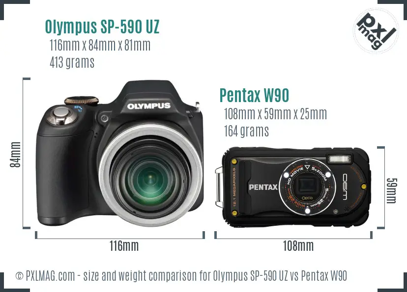 Olympus SP-590 UZ vs Pentax W90 size comparison