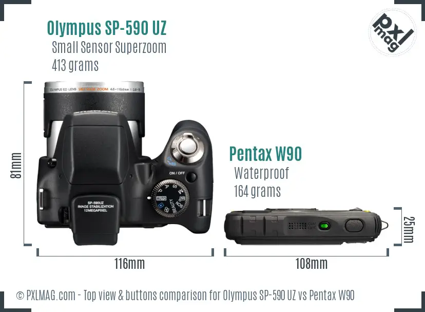Olympus SP-590 UZ vs Pentax W90 top view buttons comparison
