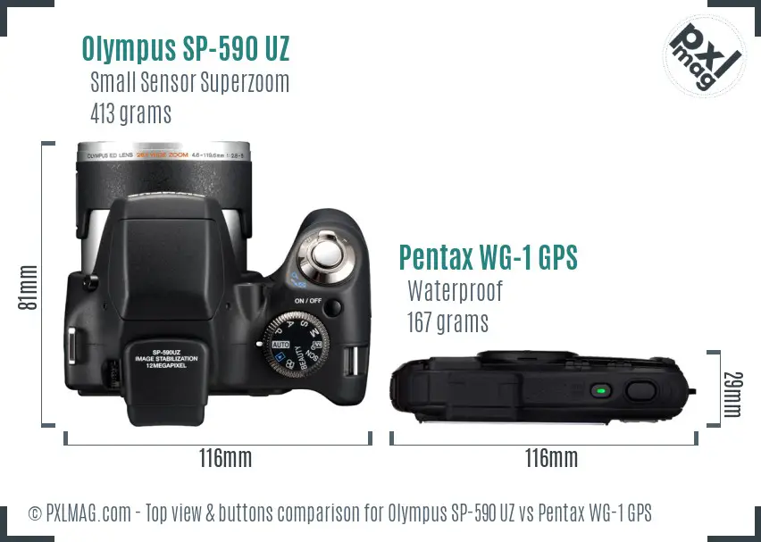 Olympus SP-590 UZ vs Pentax WG-1 GPS top view buttons comparison