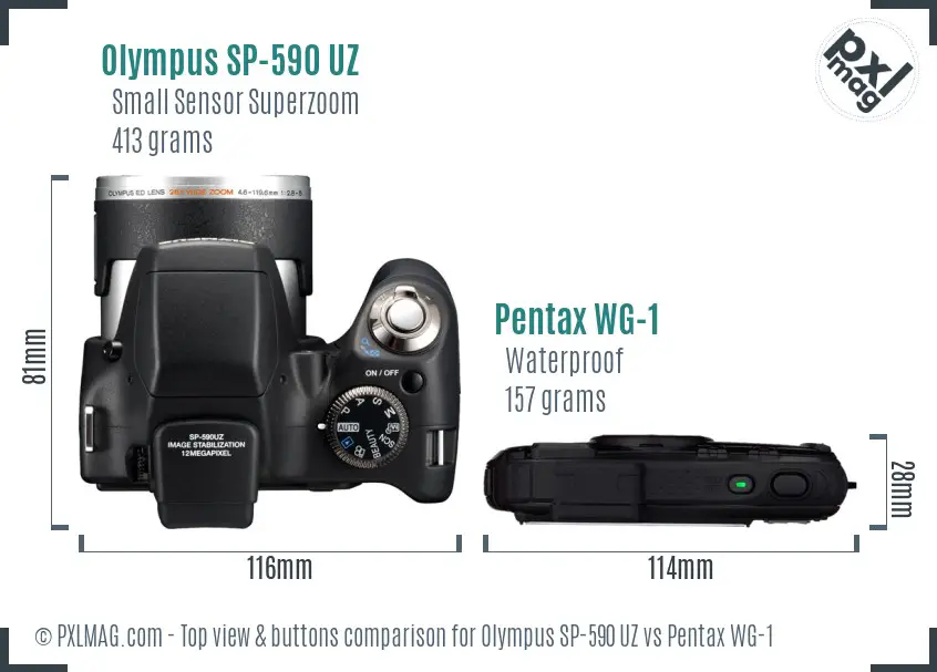 Olympus SP-590 UZ vs Pentax WG-1 top view buttons comparison