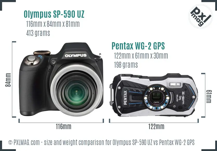 Olympus SP-590 UZ vs Pentax WG-2 GPS size comparison