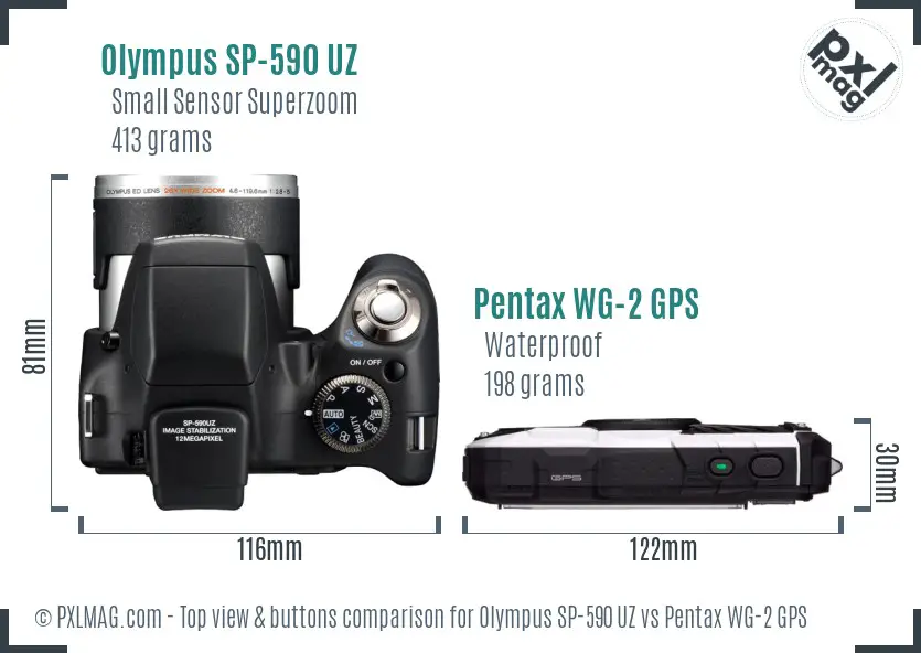 Olympus SP-590 UZ vs Pentax WG-2 GPS top view buttons comparison