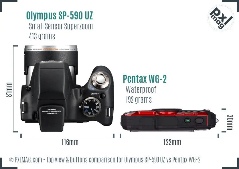 Olympus SP-590 UZ vs Pentax WG-2 top view buttons comparison