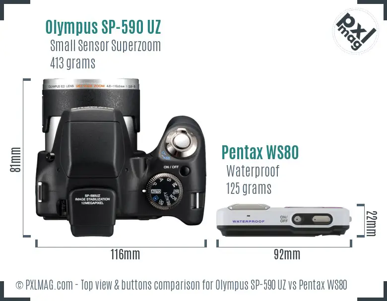 Olympus SP-590 UZ vs Pentax WS80 top view buttons comparison
