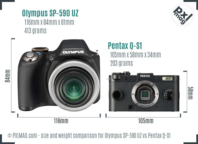 Olympus SP-590 UZ vs Pentax Q-S1 size comparison