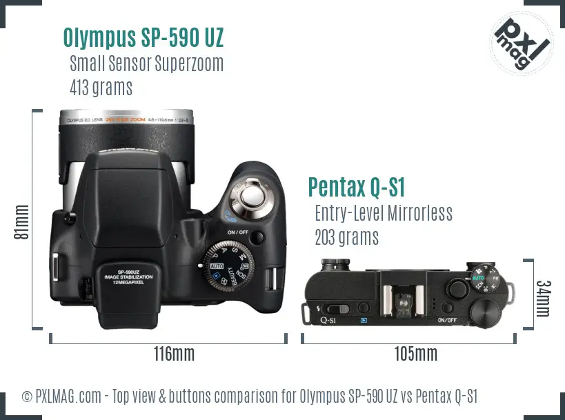 Olympus SP-590 UZ vs Pentax Q-S1 top view buttons comparison