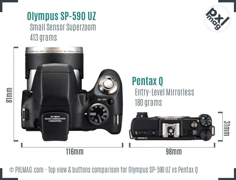 Olympus SP-590 UZ vs Pentax Q top view buttons comparison