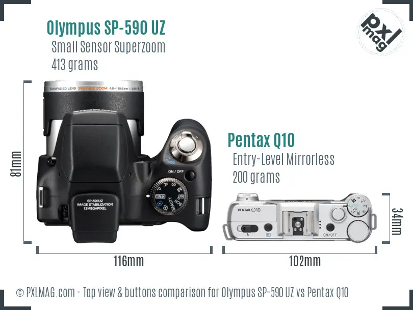 Olympus SP-590 UZ vs Pentax Q10 top view buttons comparison