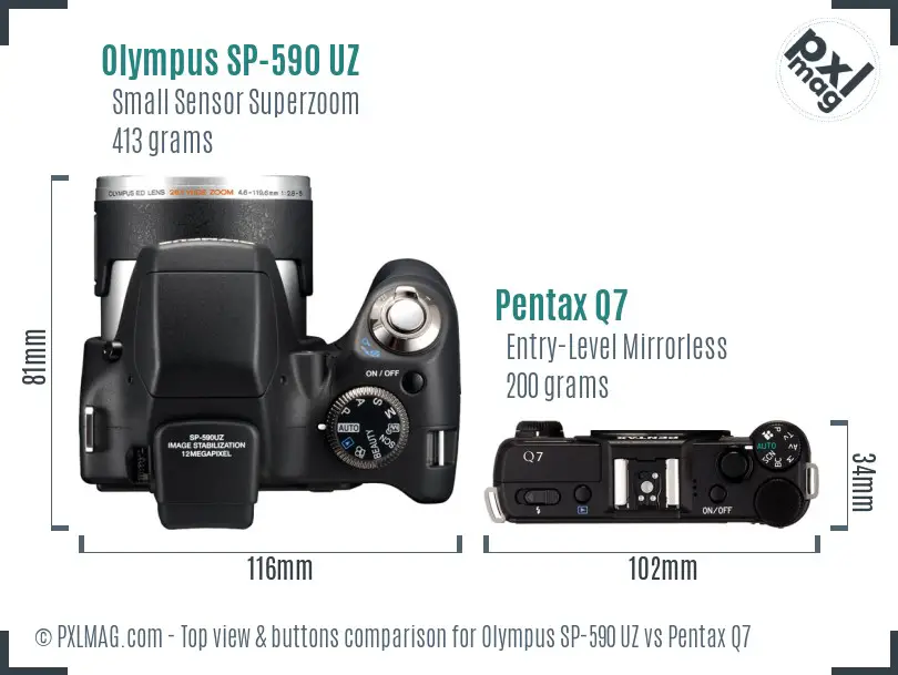 Olympus SP-590 UZ vs Pentax Q7 top view buttons comparison