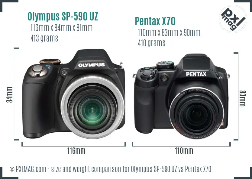 Olympus SP-590 UZ vs Pentax X70 size comparison