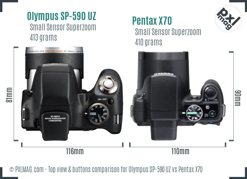 Olympus SP-590 UZ vs Pentax X70 top view buttons comparison