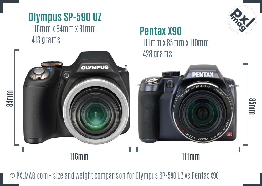Olympus SP-590 UZ vs Pentax X90 size comparison Olympus SP-590 UZ vs Pentax X90 size comparison