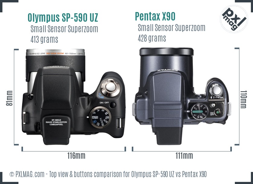 Olympus SP-590 UZ vs Pentax X90 top view buttons comparison