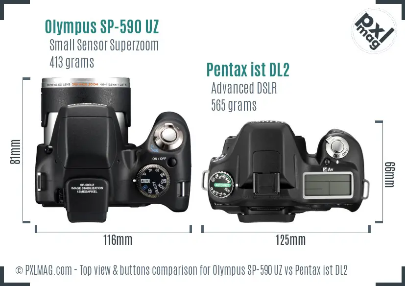 Olympus SP-590 UZ vs Pentax ist DL2 top view buttons comparison