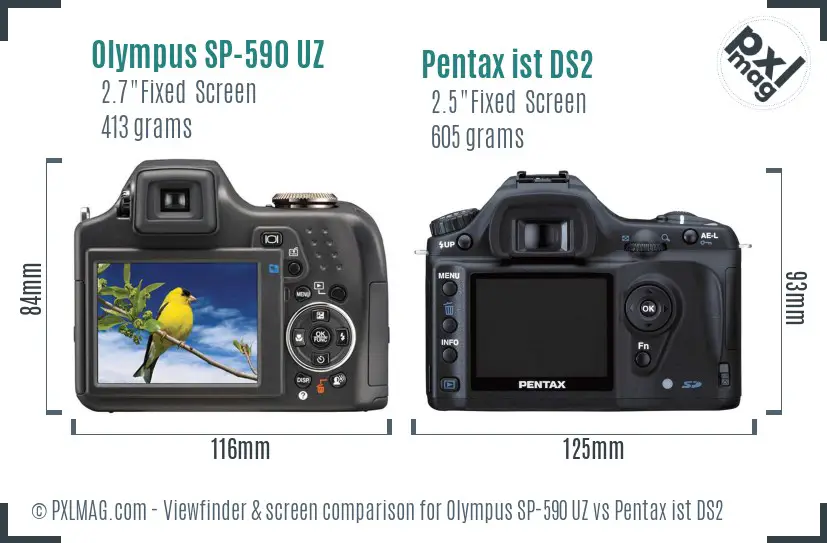 Olympus SP-590 UZ vs Pentax ist DS2 Screen and Viewfinder comparison