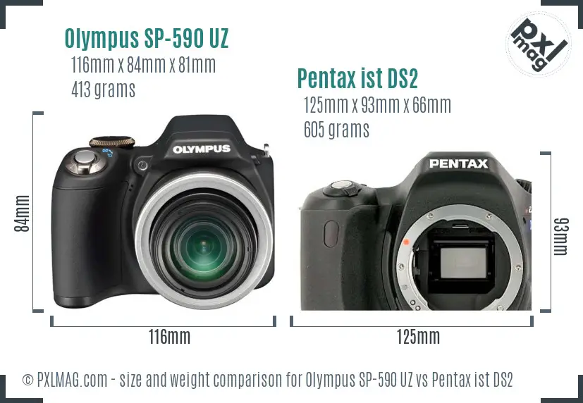 Olympus SP-590 UZ vs Pentax ist DS2 size comparison