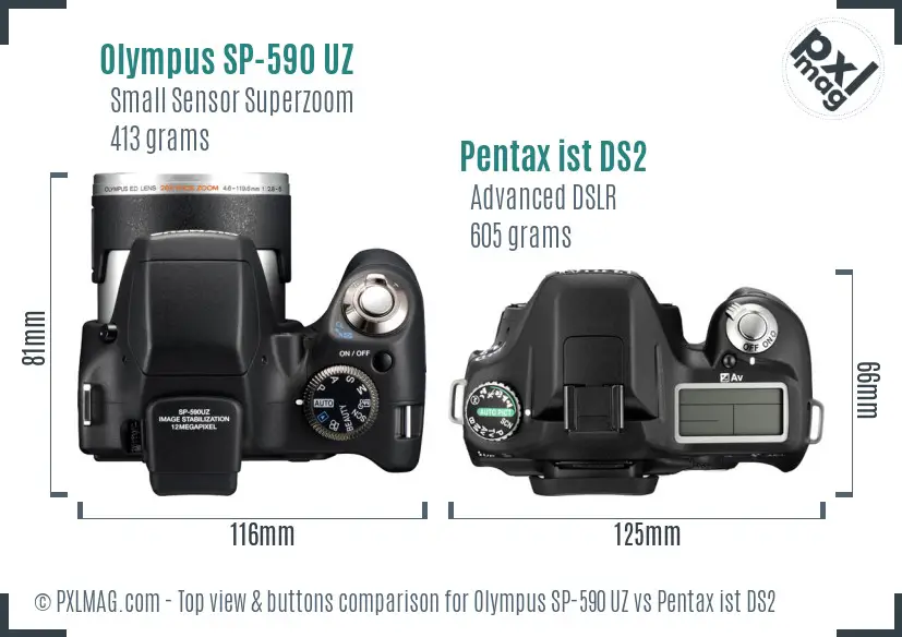 Olympus SP-590 UZ vs Pentax ist DS2 top view buttons comparison