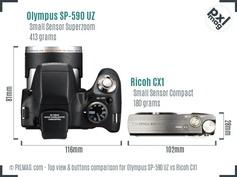 Olympus SP-590 UZ vs Ricoh CX1 top view buttons comparison Olympus SP-590 UZ vs Ricoh CX1 top view buttons comparison