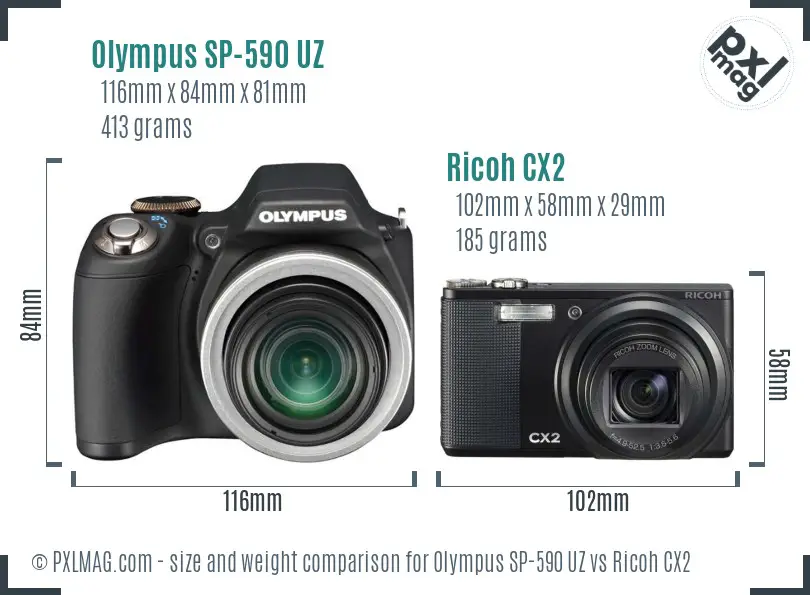 Olympus SP-590 UZ vs Ricoh CX2 size comparison