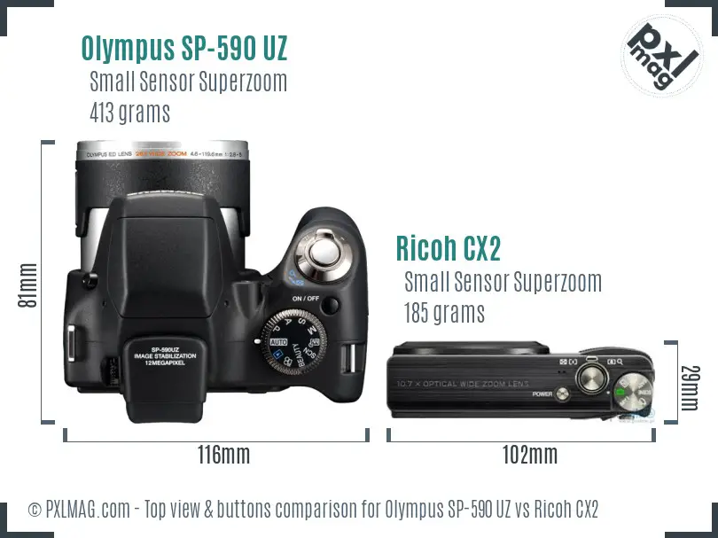 Olympus SP-590 UZ vs Ricoh CX2 top view buttons comparison