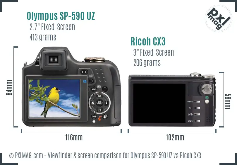 Olympus SP-590 UZ vs Ricoh CX3 Screen and Viewfinder comparison