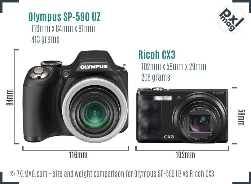 Olympus SP-590 UZ vs Ricoh CX3 size comparison