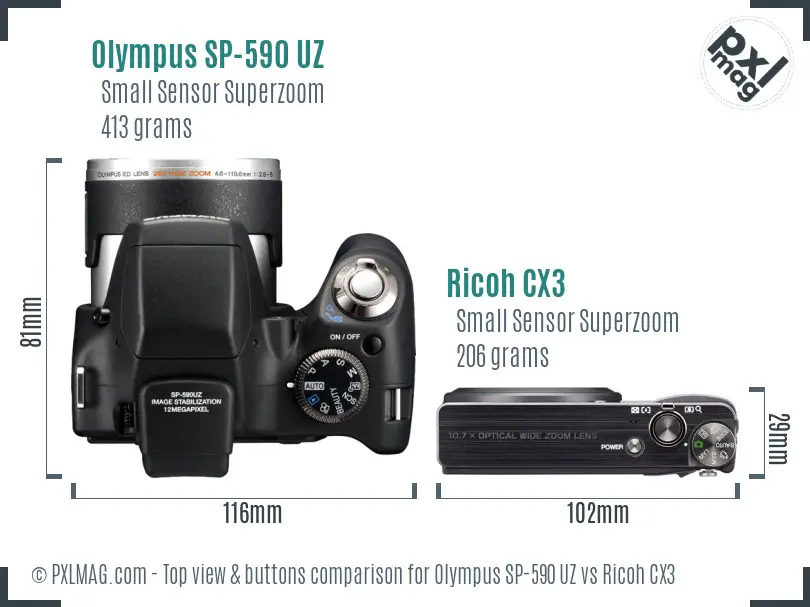 Olympus SP-590 UZ vs Ricoh CX3 top view buttons comparison