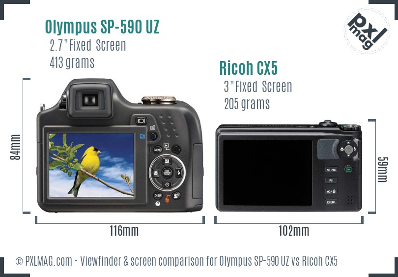Olympus SP-590 UZ vs Ricoh CX5 Screen and Viewfinder comparison