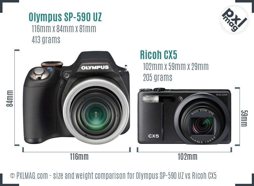 Olympus SP-590 UZ vs Ricoh CX5 size comparison