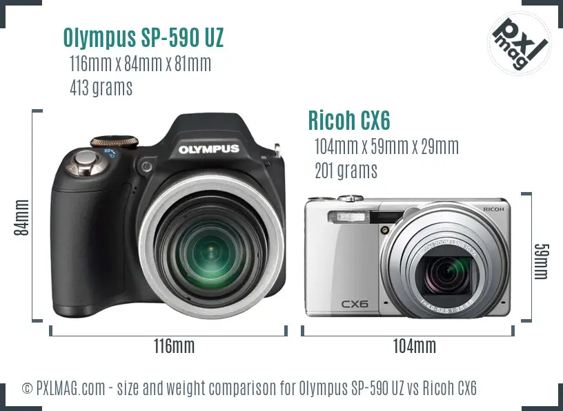 Olympus SP-590 UZ vs Ricoh CX6 size comparison Olympus SP-590 UZ vs Ricoh CX6 size comparison