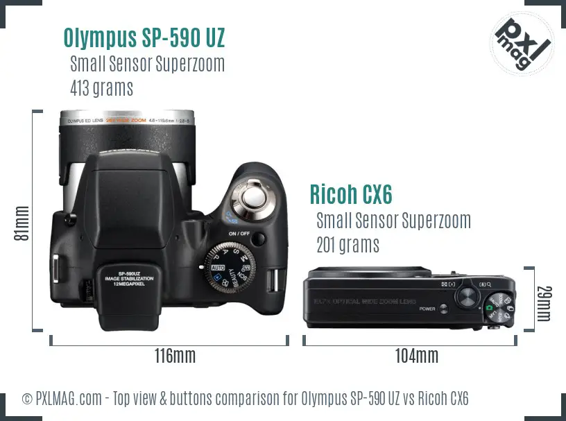 Olympus SP-590 UZ vs Ricoh CX6 top view buttons comparison Olympus SP-590 UZ vs Ricoh CX6 top view buttons comparison