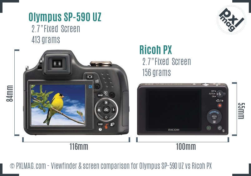 Olympus SP-590 UZ vs Ricoh PX Screen and Viewfinder comparison