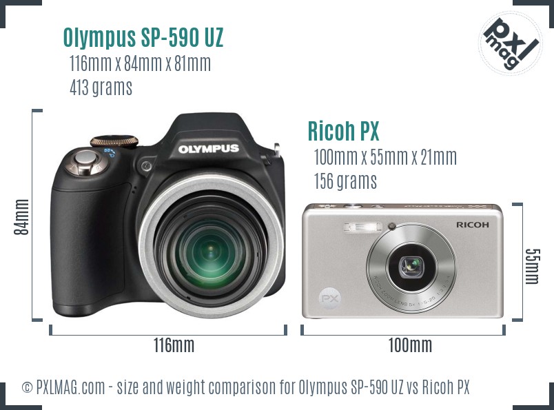 Olympus SP-590 UZ vs Ricoh PX size comparison
