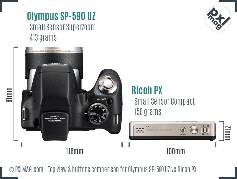 Olympus SP-590 UZ vs Ricoh PX top view buttons comparison