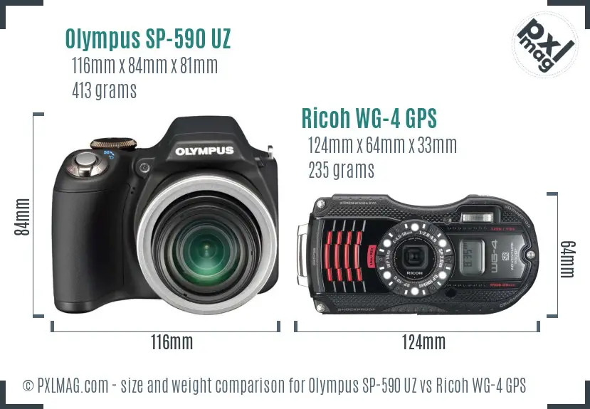 Olympus SP-590 UZ vs Ricoh WG-4 GPS size comparison