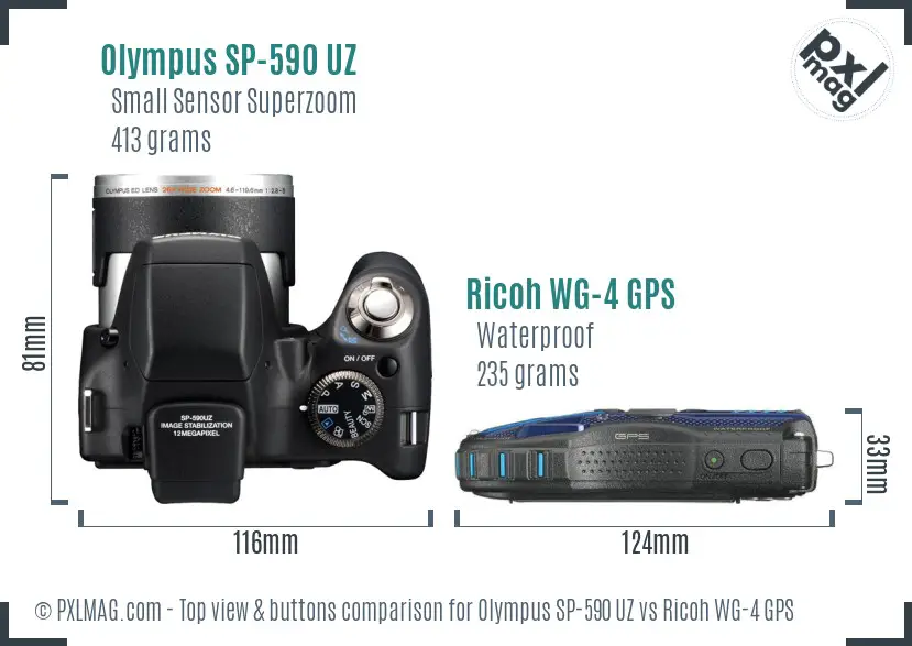Olympus SP-590 UZ vs Ricoh WG-4 GPS top view buttons comparison