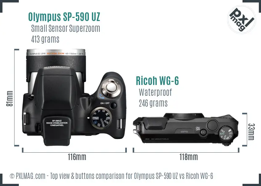 Olympus SP-590 UZ vs Ricoh WG-6 top view buttons comparison Olympus SP-590 UZ vs Ricoh WG-6 top view buttons comparison