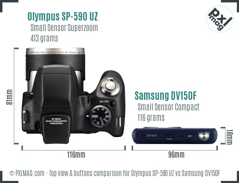 Olympus SP-590 UZ vs Samsung DV150F top view buttons comparison Olympus SP-590 UZ vs Samsung DV150F top view buttons comparison