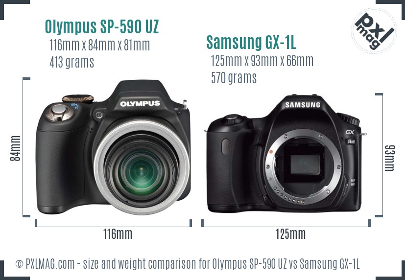Olympus SP-590 UZ vs Samsung GX-1L size comparison Olympus SP-590 UZ vs Samsung GX-1L size comparison